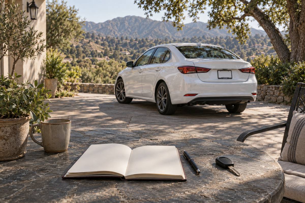 Open blank notebook and a key beneath a tree with a white sedan beyond.