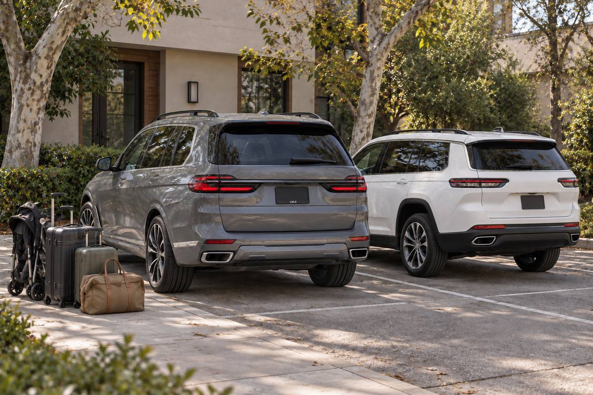 Two large SUVs with luggage and a folded stroller in an apartment courtyard.