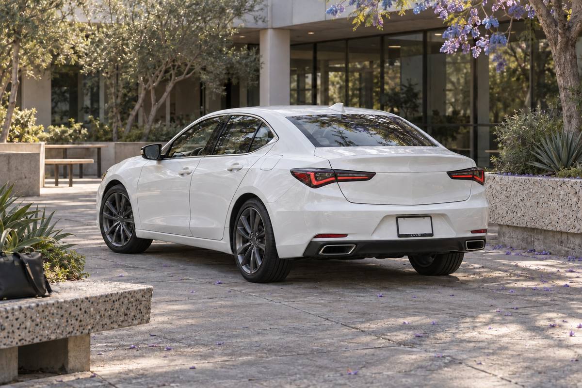 White second-generation TLX-style sedan in a jacaranda-lined office courtyard.