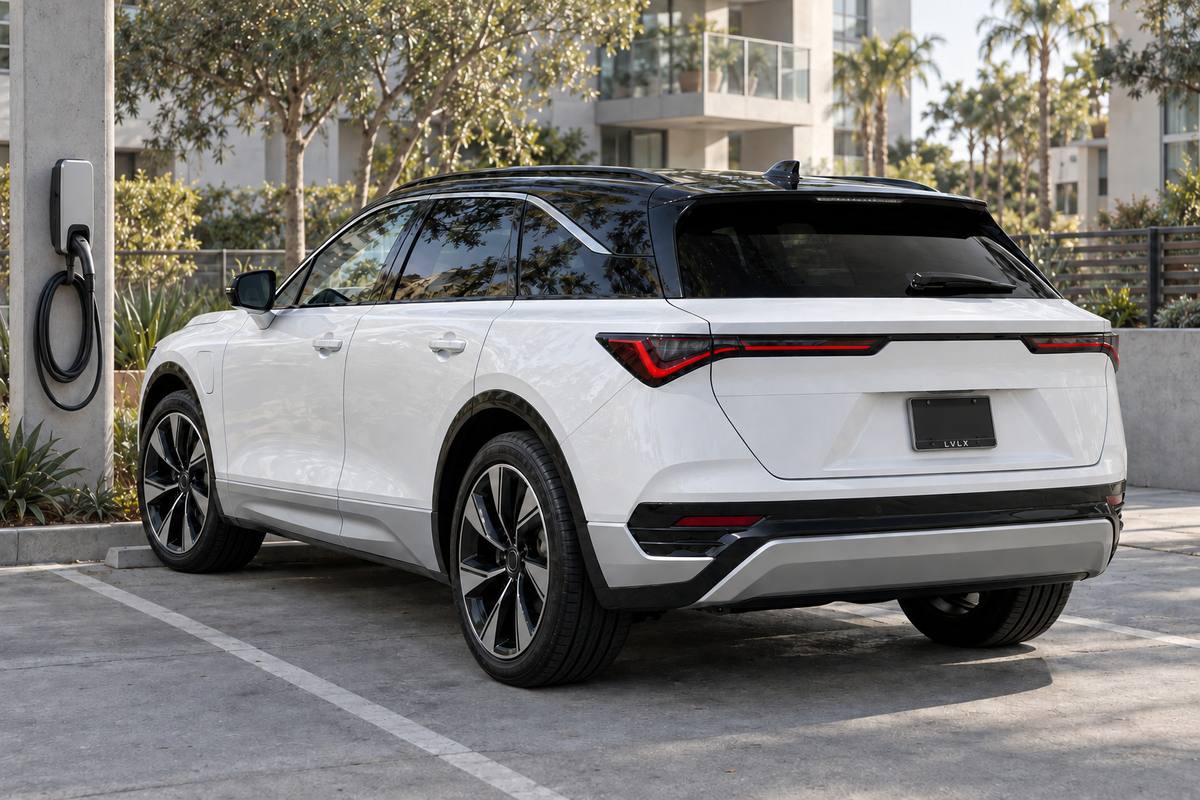 White electric crossover beside an unused wall charger, with its cable holstered.