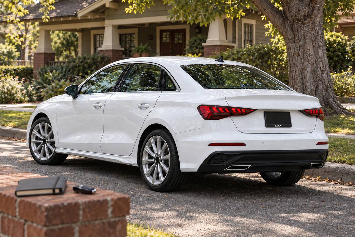 White Audi A3-style sedan and a closed planner on a neighborhood terrace.