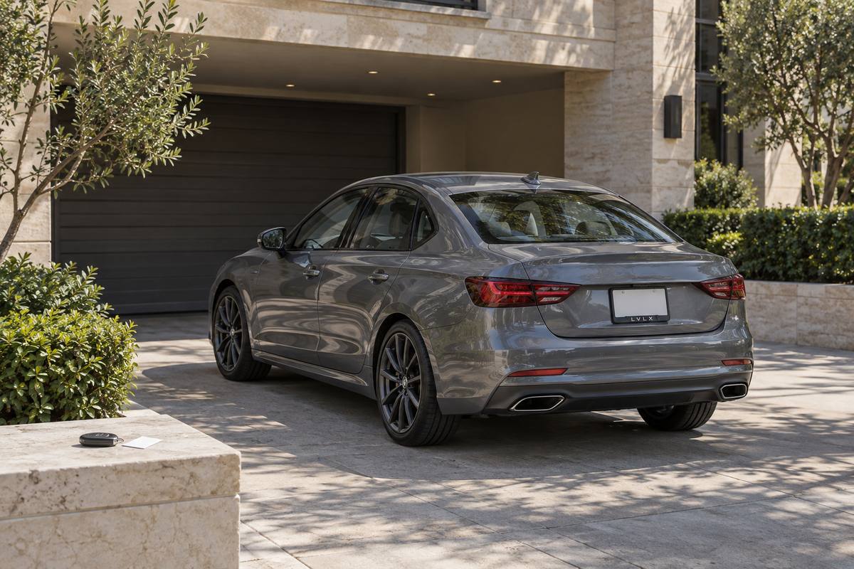 Car key on a stone ledge beside a sedan and an illuminated garage.