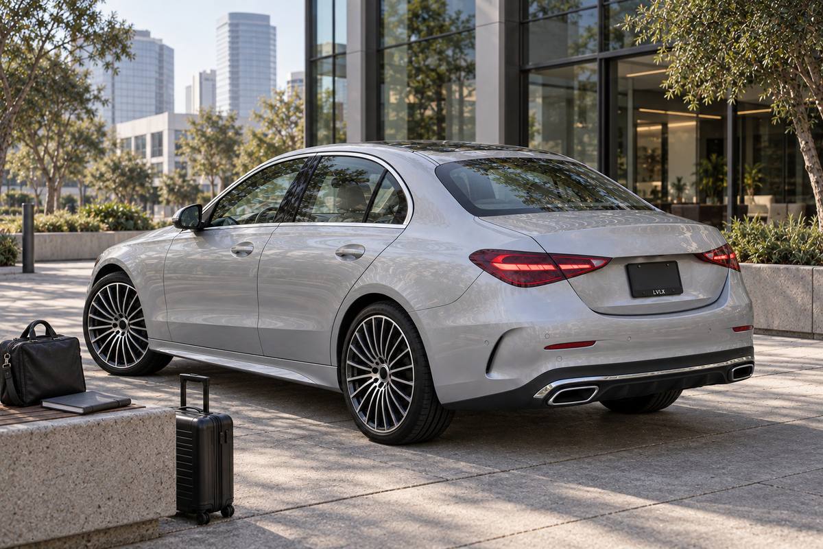 Silver sedan with a laptop bag and carry-on outside a glass-fronted office.