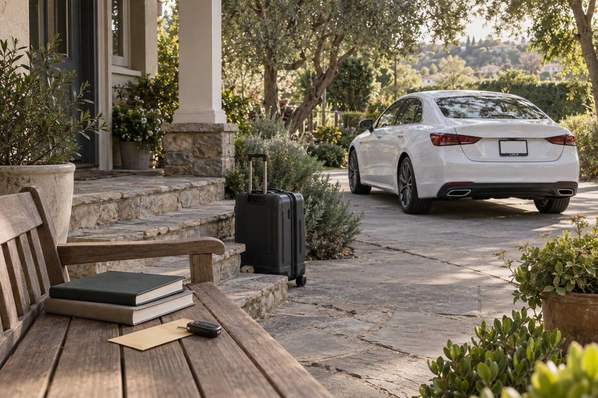 Books, a key and a suitcase on a porch beside a white sedan.