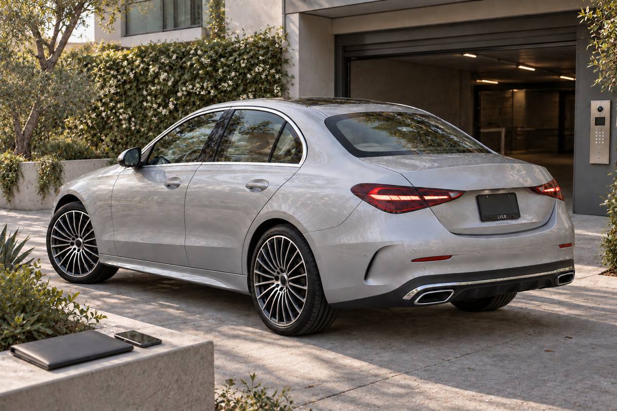Silver sedan by an apartment garage, with a plain folio and phone on a ledge.