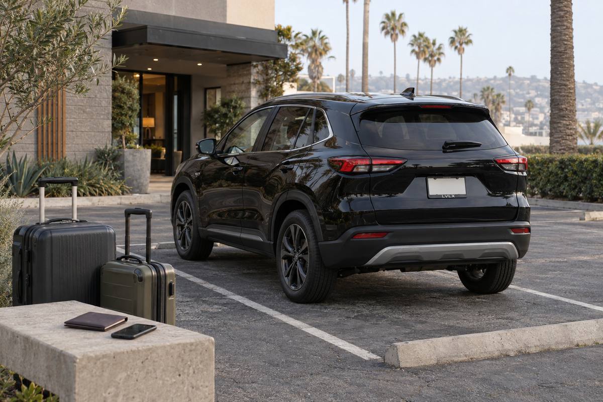 Black SUV and travel luggage in a hotel-style courtyard.