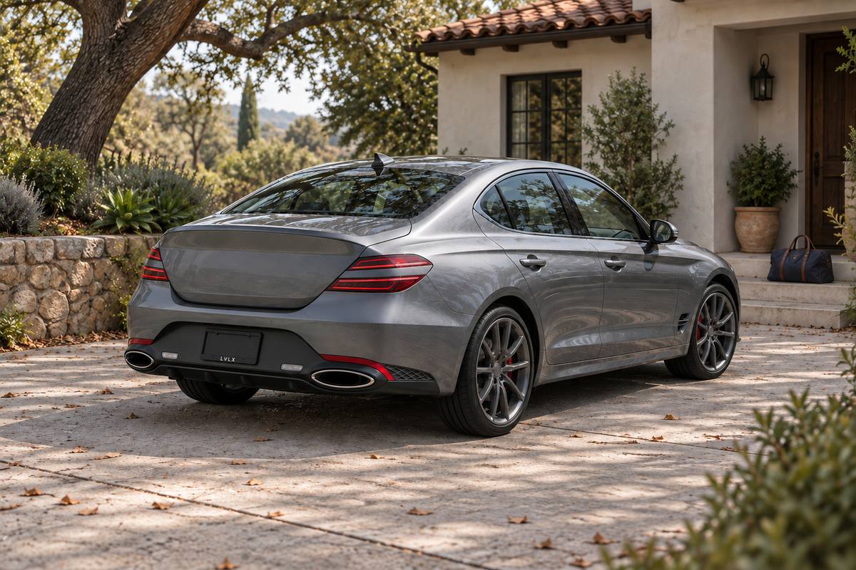 Gray Genesis-style sedan on a tree-lined residential driveway.