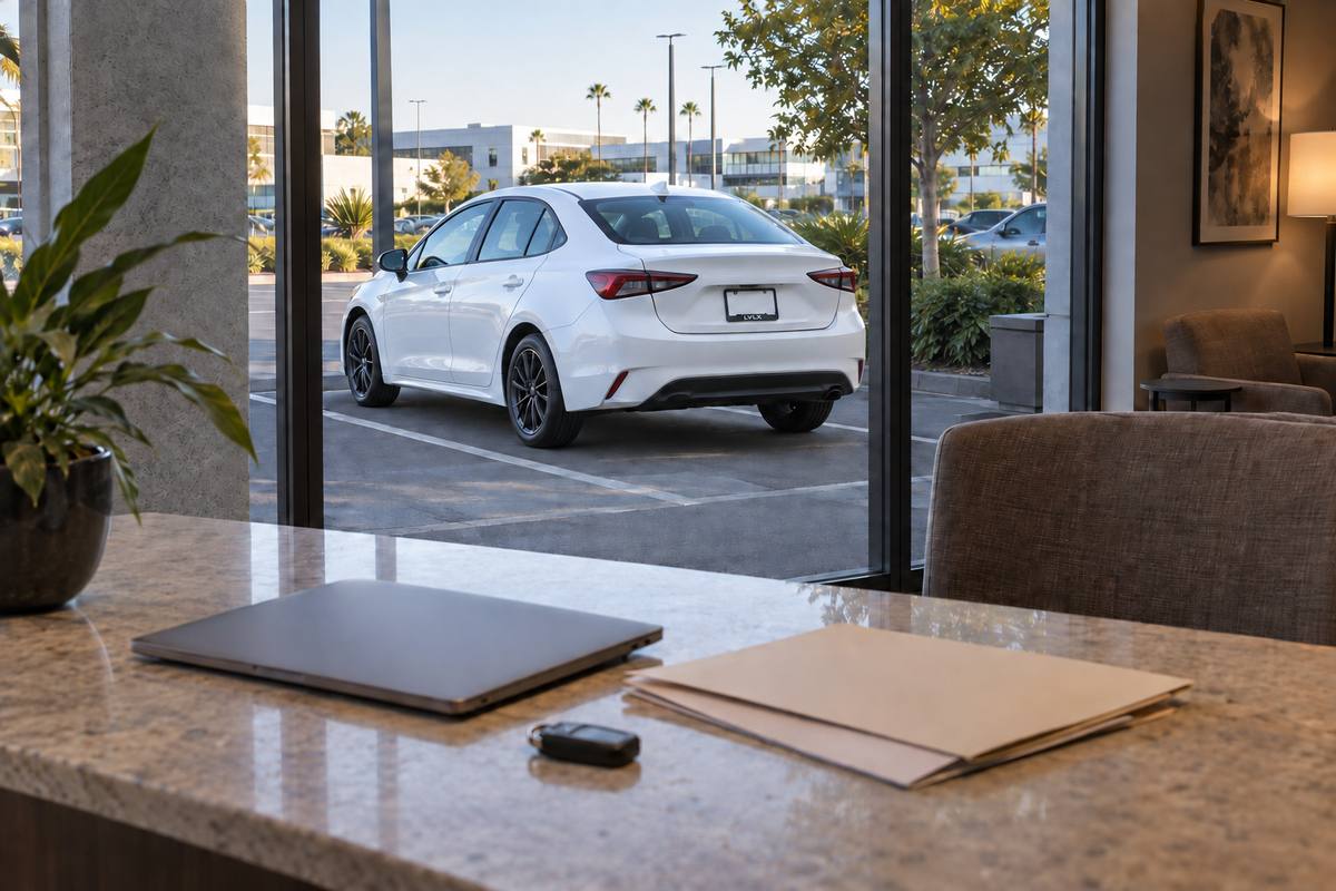 Car key and plain quote folders on a hotel counter with a sedan parked outside.