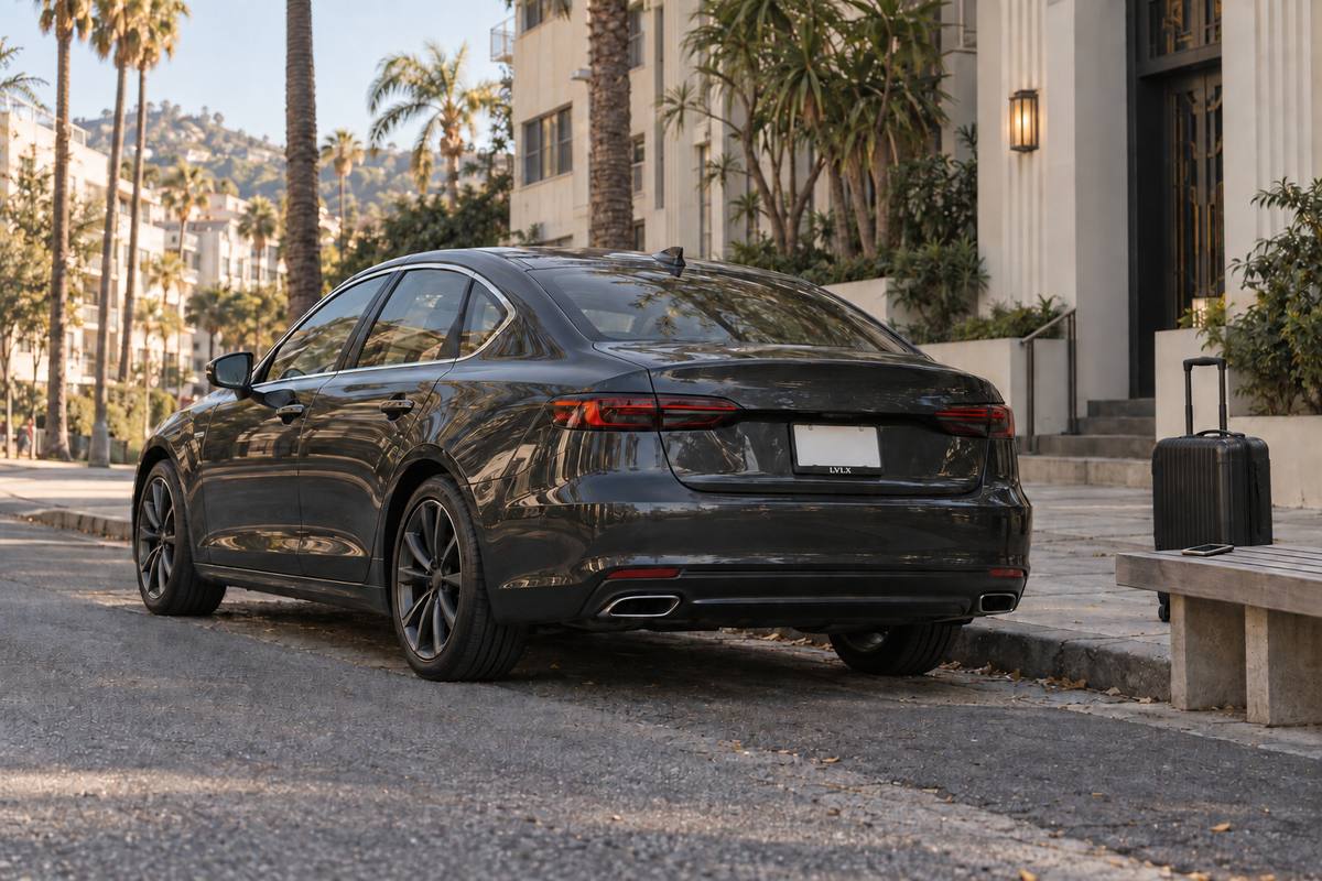 Gray sedan with a suitcase and phone outside a palm-lined apartment entrance.