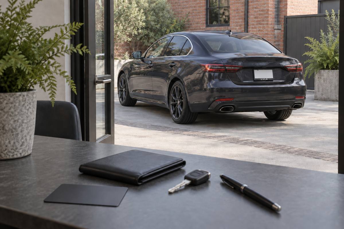 Blank payment card, wallet and car key with a sedan outside an office.