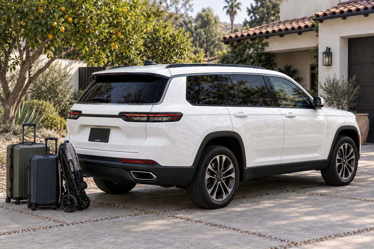 White three-row SUV with luggage and a folded stroller at a home entrance.