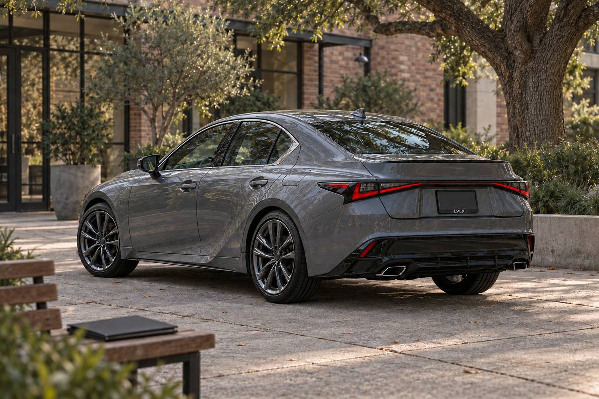 Gray Lexus-style sedan beside a shaded home and a closed notebook.