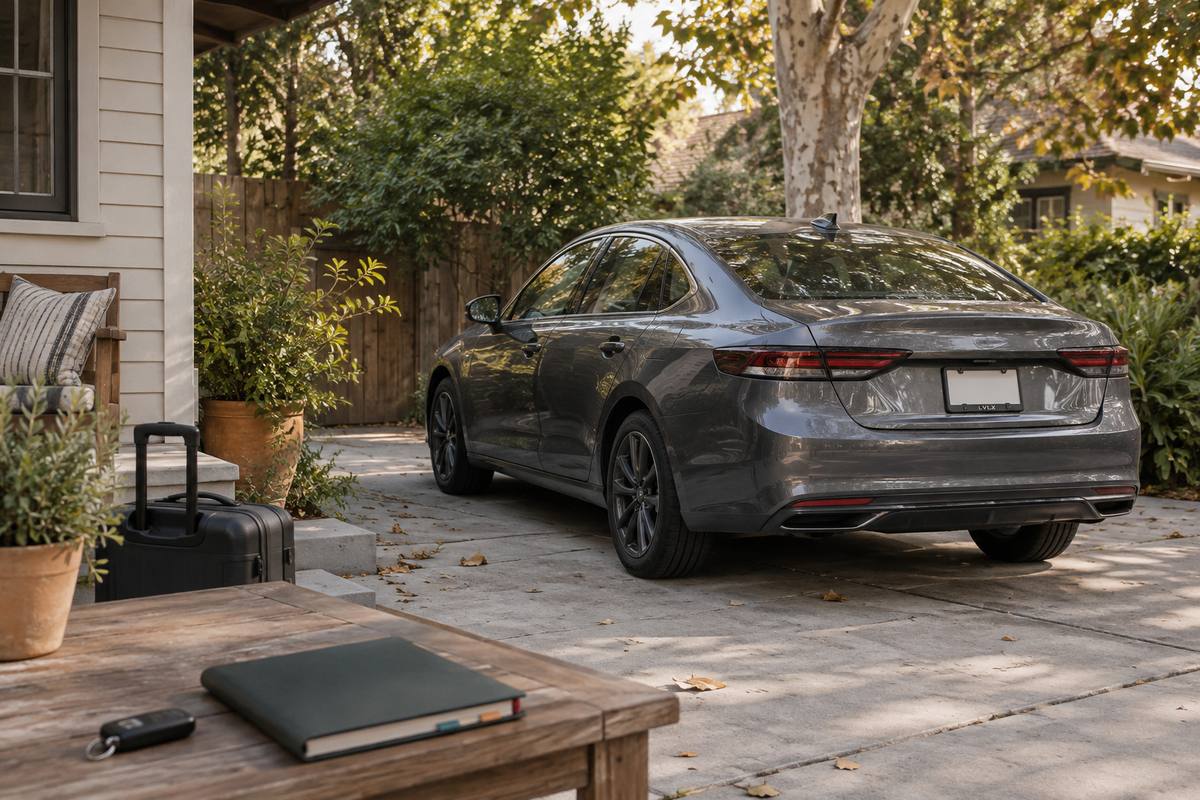 Closed notebook and luggage beside a porch overlooking a parked sedan.