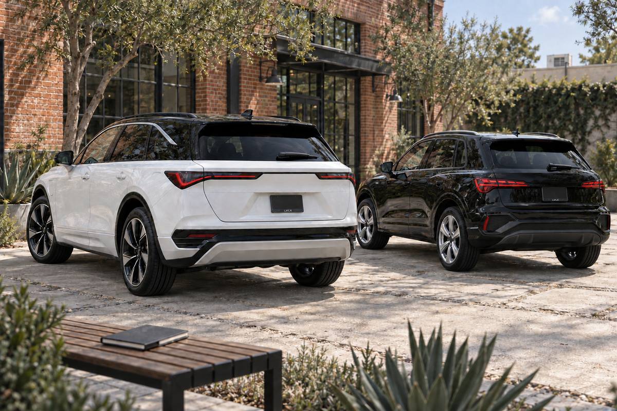 White electric crossover and black compact SUV beside an office courtyard.
