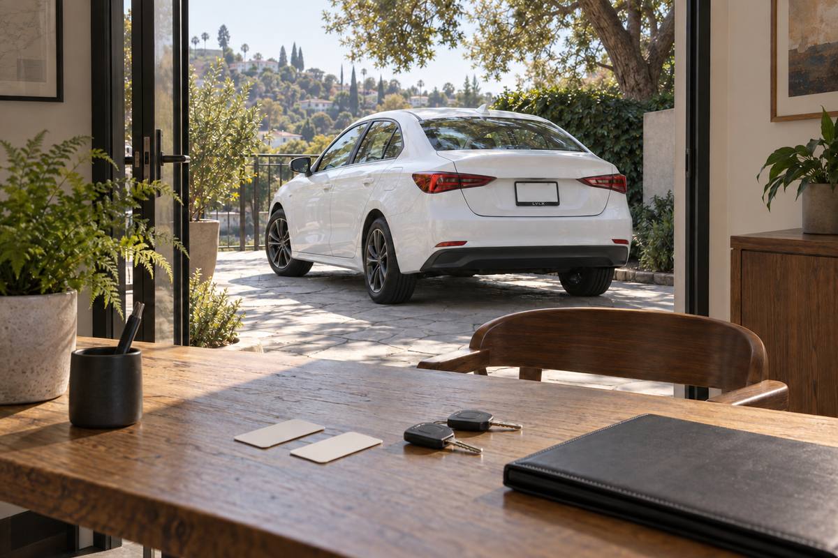 Two blank ID cards and two car keys on a desk with a sedan outside.