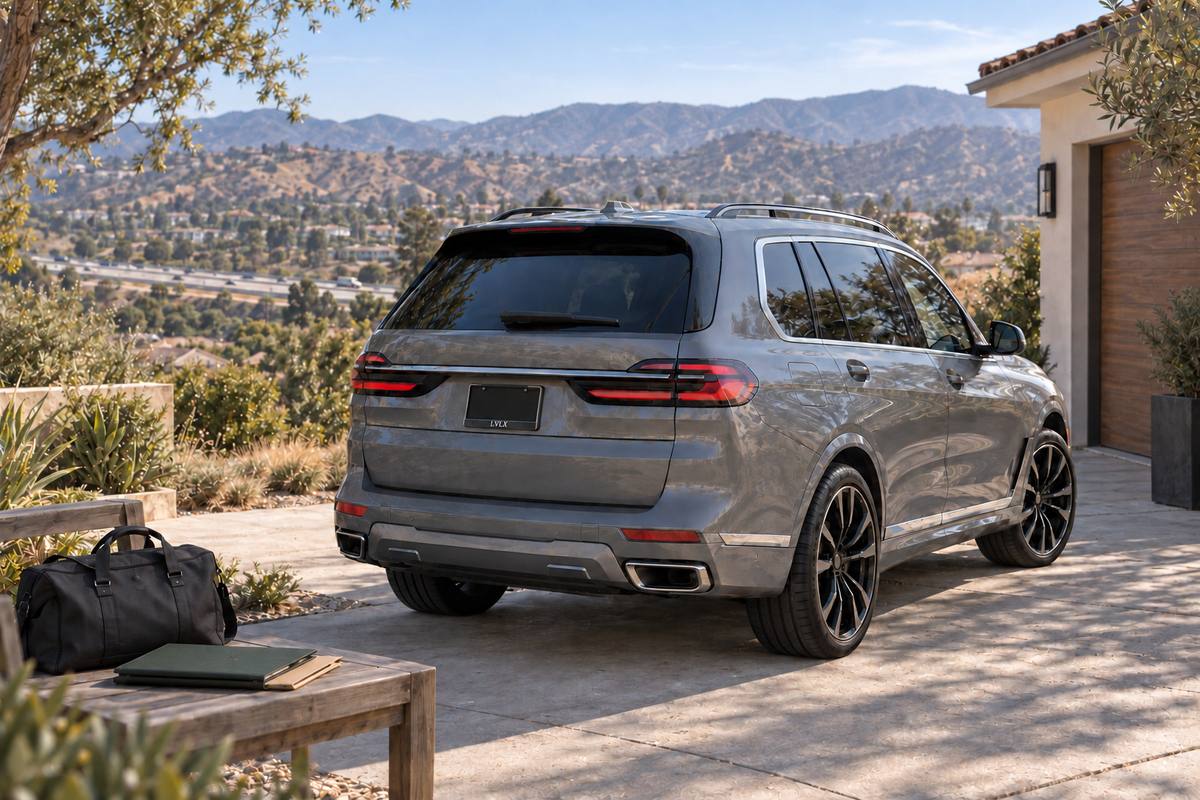 Gray three-row SUV by a hillside garage with luggage and a route-planning notebook.