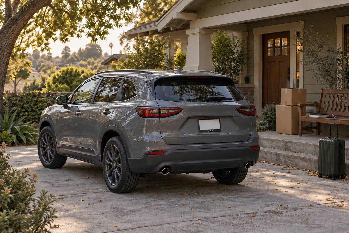 Gray SUV outside a residential entrance with moving-day items nearby.