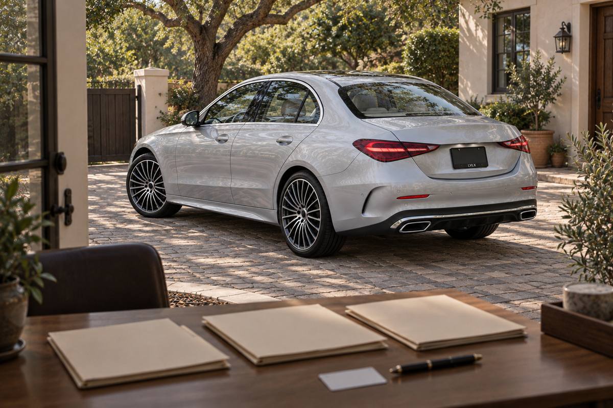 Three plain document folders on a table with a silver sedan outside.