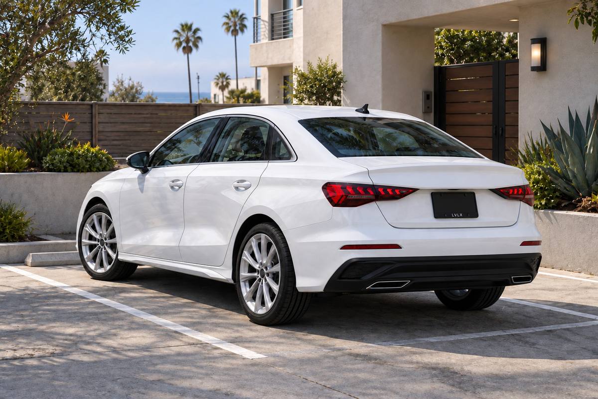 White compact sedan parked within a palm-lined residential parking area.