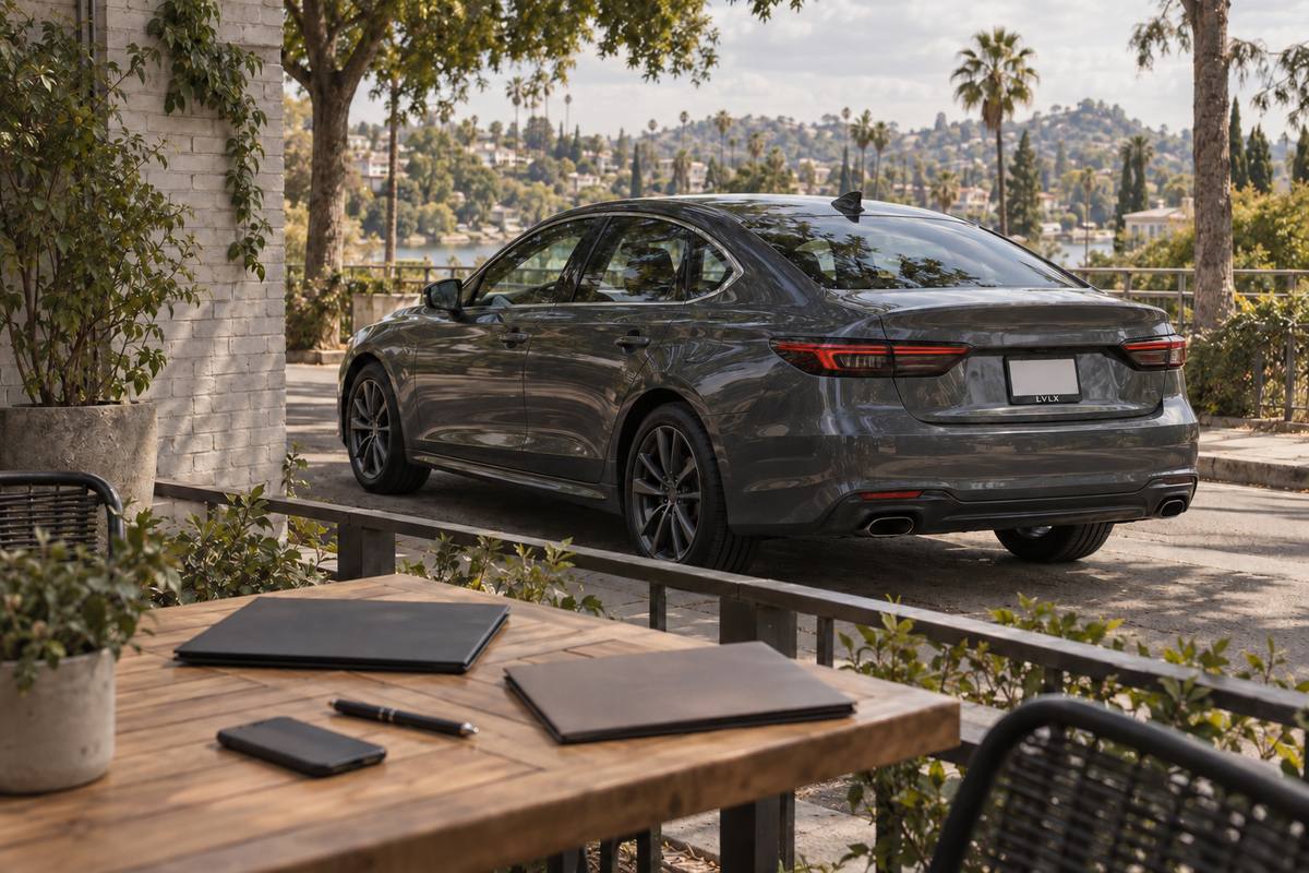 Two plain comparison folders on a terrace table with a sedan beyond.