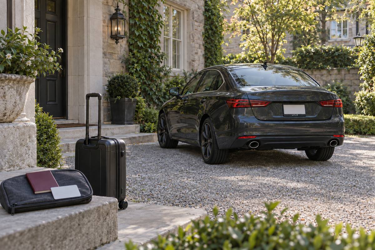 Blank travel documents and luggage beside a parked black sedan.