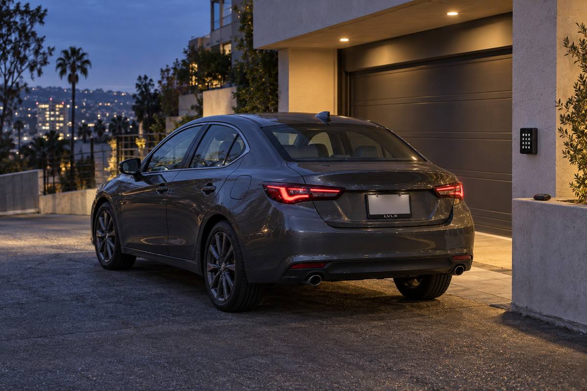 Gray sedan outside a lit garage in a hilly neighborhood at blue hour.