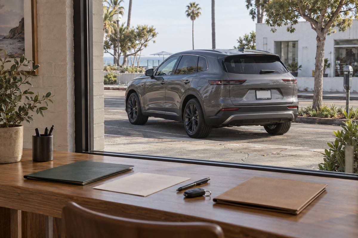Plain document folders and a key on a desk overlooking a parked SUV.